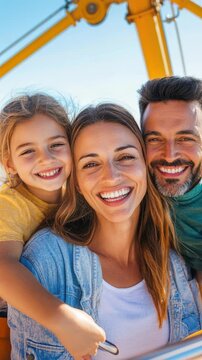 Family enjoying ferris wheel ride with smiling faces against clear blue sky