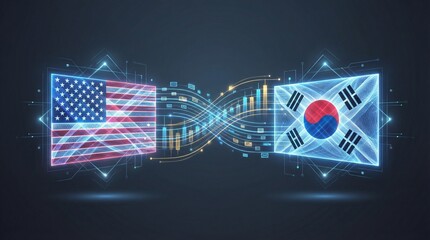 Digital representation of United States and South Korea national flags connected by glowing data streams symbolizing technology and global partnership.