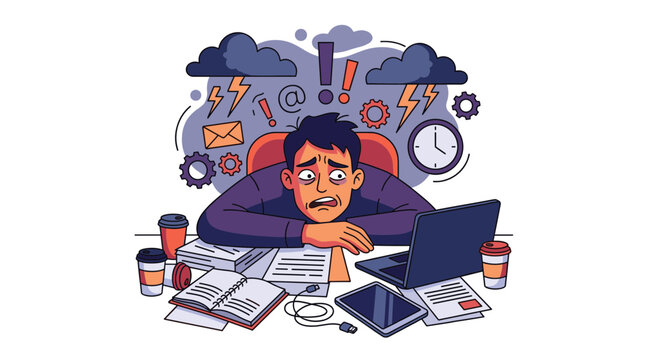 Overwhelmed worker at cluttered desk surrounded by papers, coffee cups, and stress symbols