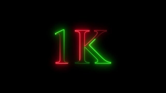 A dynamic motion, and glowing neon number 1k animation  on a black background. 