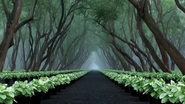 An ethereal forest path with plants in pots lining the edges, misty with arched trees