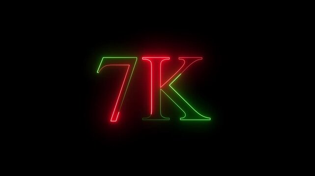 A dynamic motion, and glowing neon number 7k animation  on a black background. 