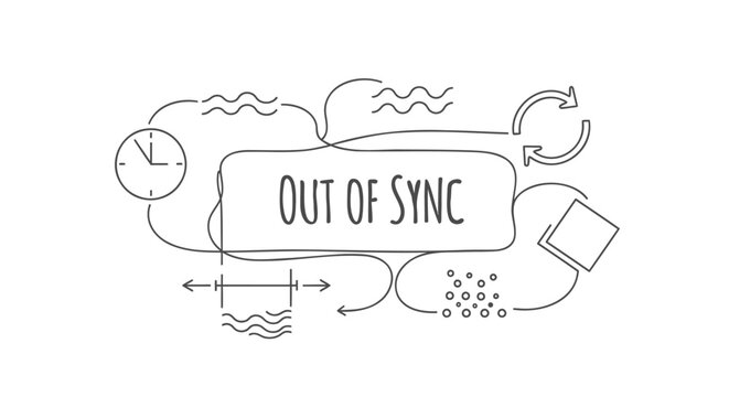 Out of sync concept with clock, arrows, and abstract shapes, vector illustration for poster or presentation