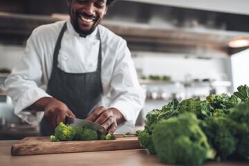 Fototapeta premium Chef cutting fresh broccoli in kitchen. Professional vegetable food preparation. Healthy restaurant cooking concept. Balanced nutrition ingredients. Clean eating menu background.