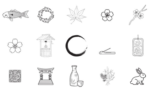 Japanese traditional icons: koi fish, maple leaf, sakura, and bamboo