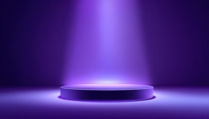 A vibrant violet spotlight illuminates a circular platform, casting radiant hues across the background's surface.