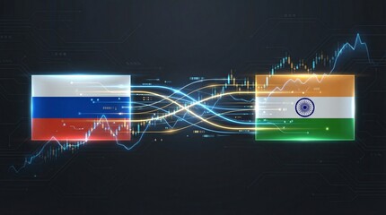Dynamic financial data streams illustrate the evolving technological trade and economic partnership between Russia and India.