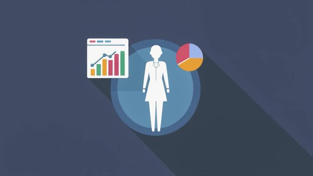 Flat design illustration of a female figure with data analysis charts and pie chart business graph