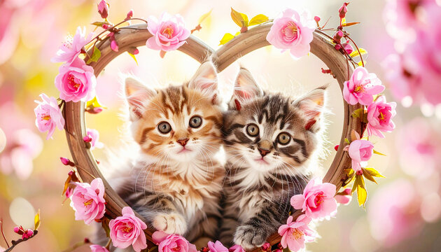 Adorable kittens in a heart frame with pink flowers, springtime. AI