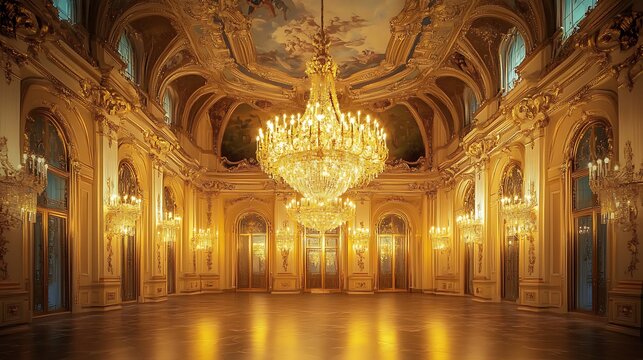 Magnificent baroque ballroom interior showcasing opulent gold ornamentation and towering crystal chandeliers illuminating the expansive polished marble floor