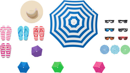 Top down beach holiday set with striped sun umbrella flip flops straw hat and summer sunglasses, © Saidi