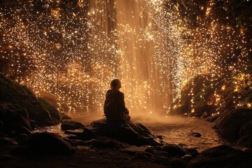 Fototapeta premium elf bathing in a waterfall of stars