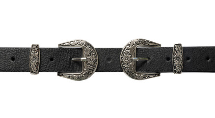 Black Leather Belt with Double Ornate Silver Buckle Isolated on White Background