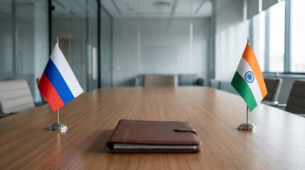 Small desk flags representing the nations of Russia and India stand ready for a bilateral diplomatic meeting or negotiation.