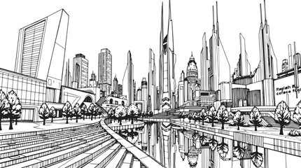 Fototapeta premium City landscape. Different buildings on street, outline cityscape hand sketch, flat houses. Hand drawn vector illustration