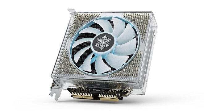Modern Graphics Card Cooler with Fan and Heatsink on White Background