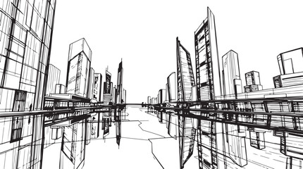 Obraz premium City landscape. Different buildings on street, outline cityscape hand sketch, flat houses. Hand drawn vector illustration
