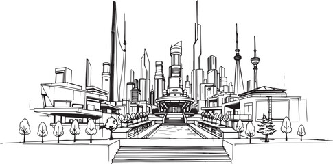 City landscape. Different buildings on street, outline cityscape hand sketch, flat houses. Hand drawn vector illustration © Михаил Н