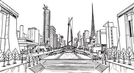 Obraz premium City landscape. Different buildings on street, outline cityscape hand sketch, flat houses. Hand drawn vector illustration