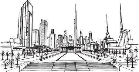 Obraz premium City landscape. Different buildings on street, outline cityscape hand sketch, flat houses. Hand drawn vector illustration