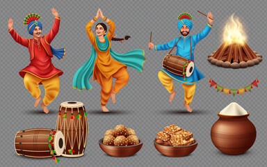 Fototapeta premium Lohri festival character and food elements set 3d cartoon