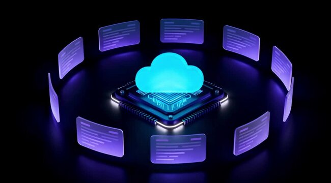 Cloud Computing Data Center with Central CPU Processor and Surrounding Digital Files in a Network. 4k slow motion.	