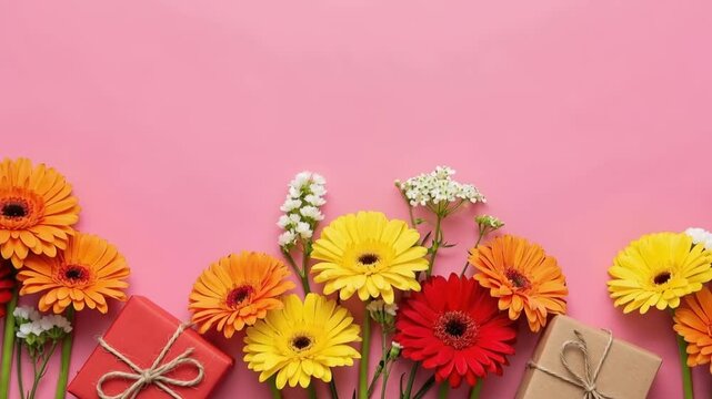 colorful gerbera daisies and wrapped gift boxes on light pink background. seasonal greetings and Women&rsquo;s Day concepts