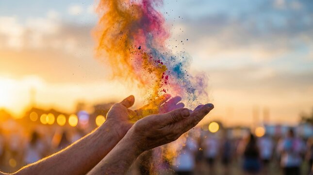 Multiple hands raising and throwing colorful powder in crowd during sunset party for Indian Holi festival celebration representing community, unity and joyful cultural spirit.