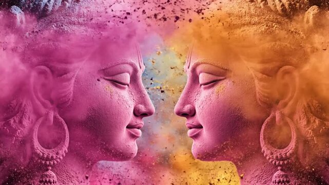 Mystical mirror image of stone Hindu deities covered in vibrant exploding colored powder representing spiritual union and festival celebration