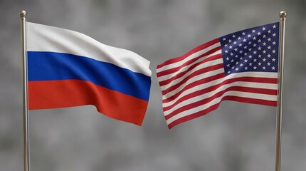 Waving Russian Federation and United States of America national flags displayed side-by-side on silver poles symbolizing international relations and diplomacy.