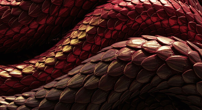 Close-up of Red Serpent Scales with Golden Highlights CNY Chinese New year Pattern Prosperity chines