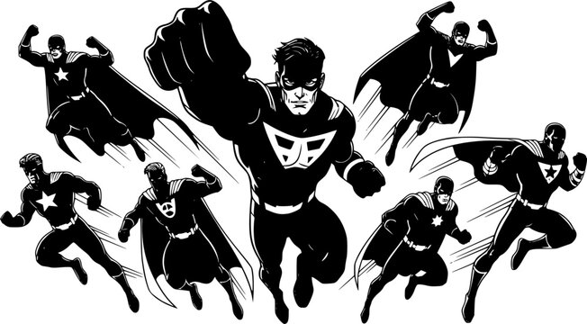vector silhouettes of superheroes flying to achieve justice 