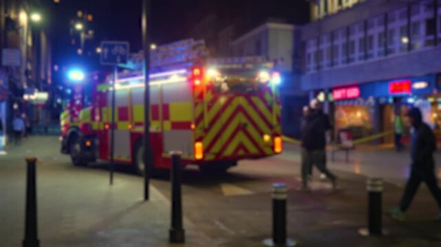 Fire engine standing at emergency scene on night city street with flashing lights. Response vehicle remaining parked during urgent incident in urban area at nighttime. Rescue truck staying at critical