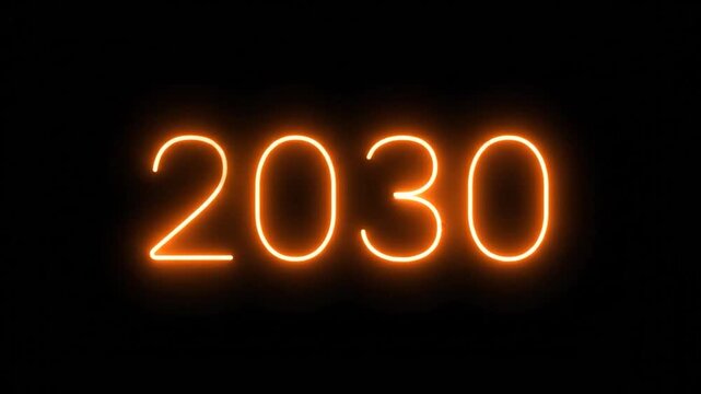 Glowing orange neon "2030" illuminates against a stark black backdrop