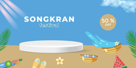 Songkran festival banner with podium for business web design. Vector illustration