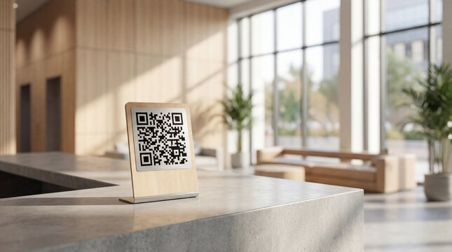 QR code displayed on a wooden stand on a reception desk in a modern office lobby