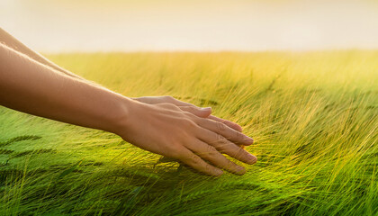 Close Up Woman Hand Touching Green Wheat Field Ears At Sunset
