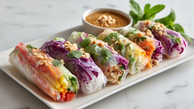 fresh vietnamese spring rolls with colorful vegetables and peanut sauce