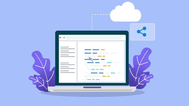 Laptop displaying programming interface connected to cloud sharing feature, representing collaborative development, code distribution, and digital workflow.
