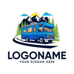 Vector Illustration of a Blue RV Camper Van Driving on a Winding Mountain Road with Forest Background &ndash; Adventure Travel Logo Design