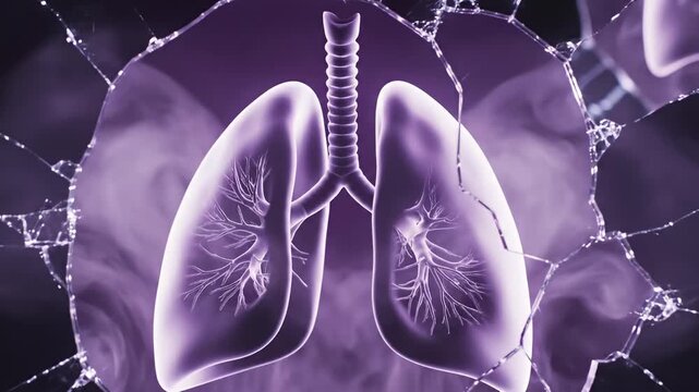 Human lungs with trachea and bronchi in a shattered glass effect