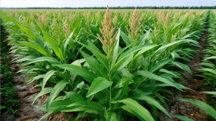 Sorghum plants grow tall with purple heads of grain in a large green field under clear skies and bright light showcasing farmland