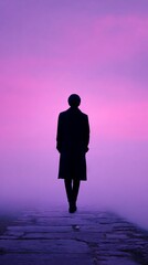 Fototapeta premium Woman in dark coat walking along a foggy stone pier at dusk, silhouetted against a vibrant purple and pink sky, creating a serene and contemplative atmosphere