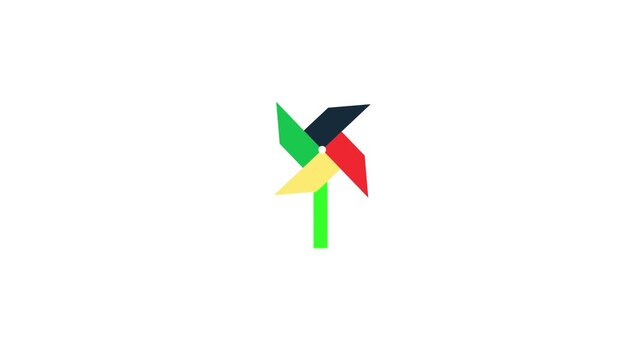 Colorful pinwheel windmill animation spinning on a clean white background.Playful and minimal motion graphic symbolizing wind energy, sustainability, and childhood joy. 4k video