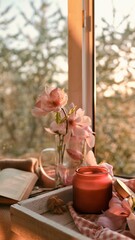 Cozy window scene with blooming magnolia flowers, an open book, and a candle