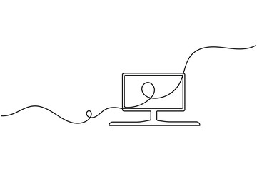 Obraz premium Desktop monitor screen continuous one line art drawing minimal technology design concepts