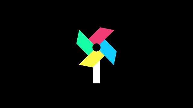Colorful pinwheel windmill animation spinning on a clean black background.Playful and minimal motion graphic symbolizing wind energy, sustainability, and childhood joy. 4k video
