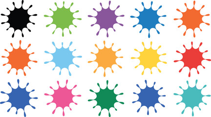 Colorful paint splatter icons set, abstract liquid splash shapes collection, vibrant ink blot elements for creative design projects