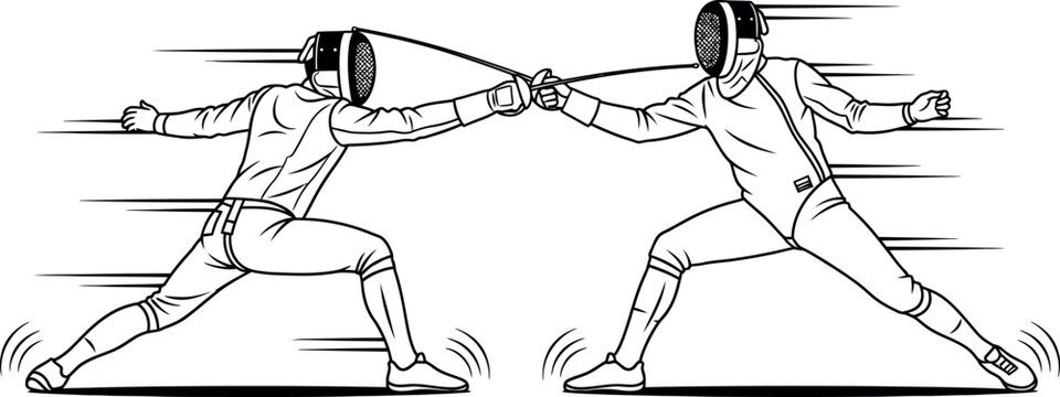 Dynamic black and white illustration of two determined fencers engaged in a fast-paced thrusting exchange during an intense and competitive sporting match moment