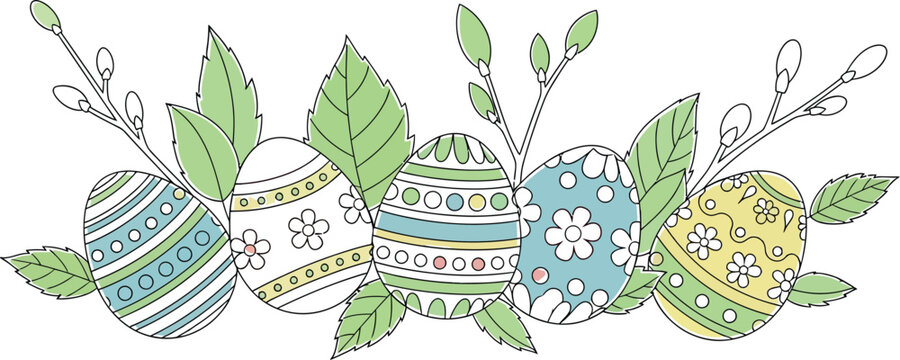 Row of five beautifully decorated pastel easter eggs nestled amongst fresh green spring leaves and blossoming pussy willow branches celebrating the arrival of the religious holiday.